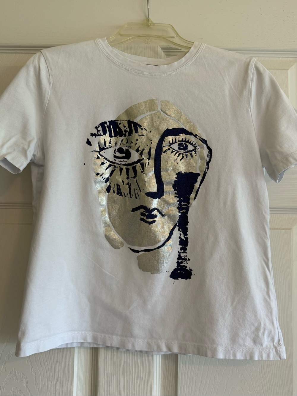 Zara White Tee with Silver and Blue Abstract Face Print - Picture 2 of 4